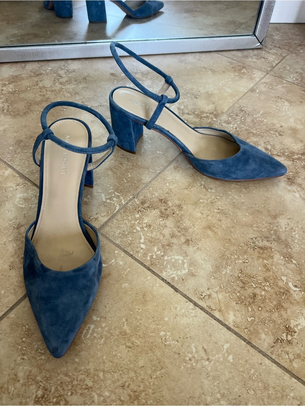 Marc fisher Blue Suede Ankle-Strap Pointed Block Heels